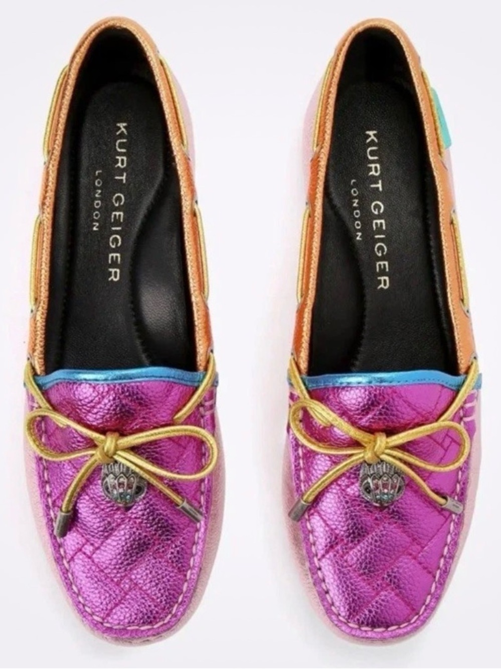 Kurt Geiger Metallic Fuchsia Moccasins with Gold Bow and Blue Trim